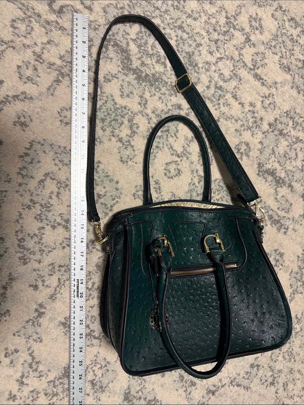 London Fog Dark Green Ostrich-Embossed Simulated Leather Satchel Handbag - Picture 11 of 12